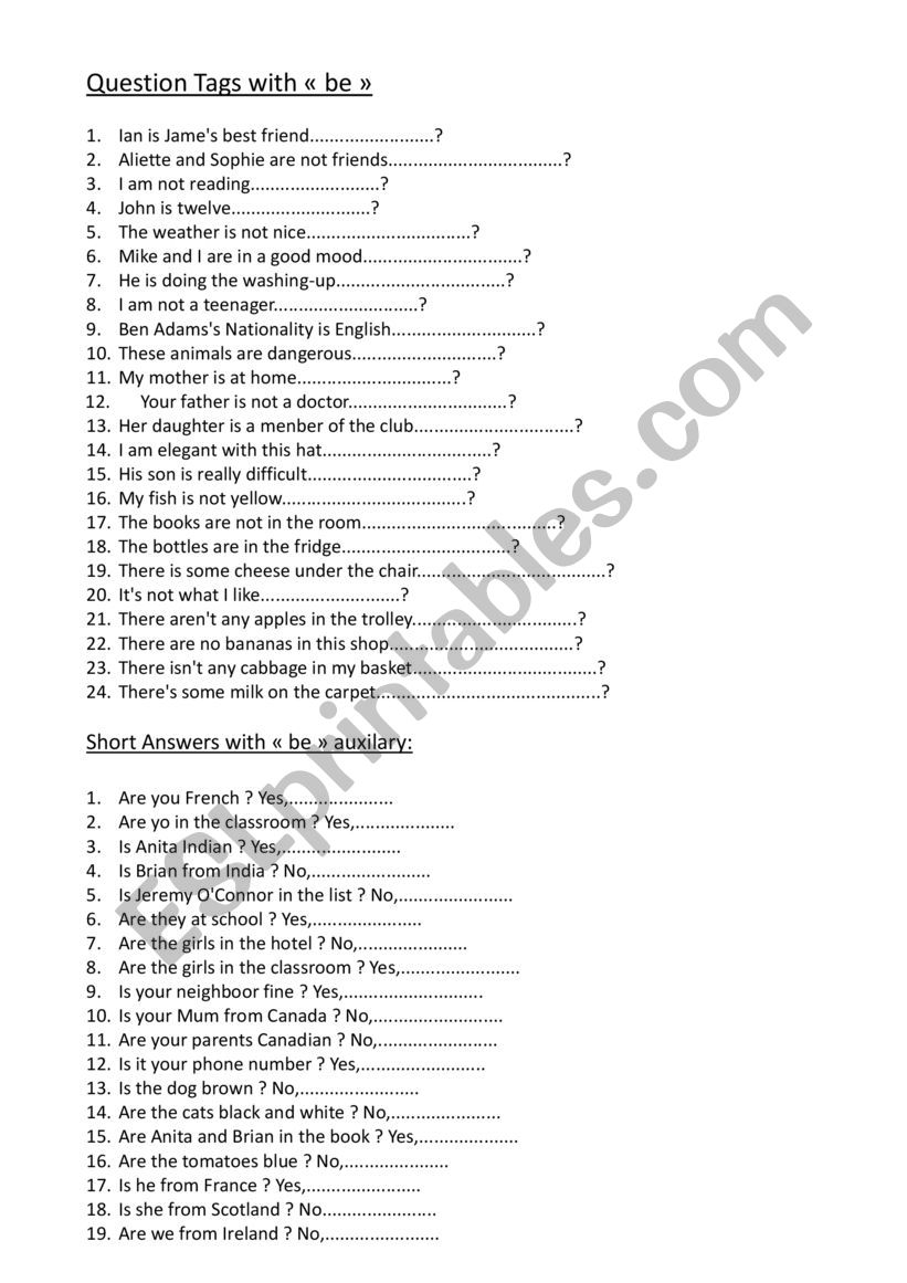 question tags worksheet