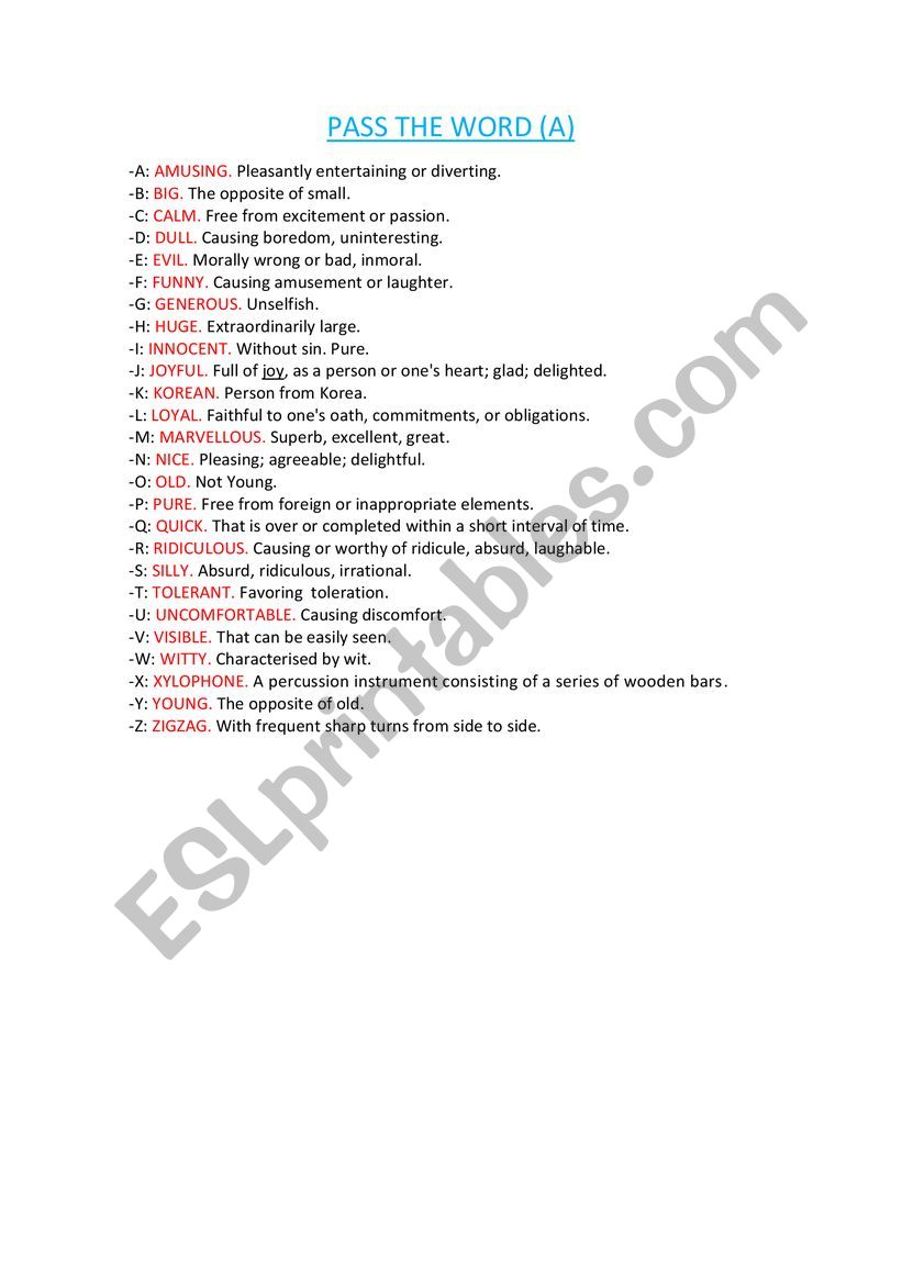 PASS THE WORD worksheet
