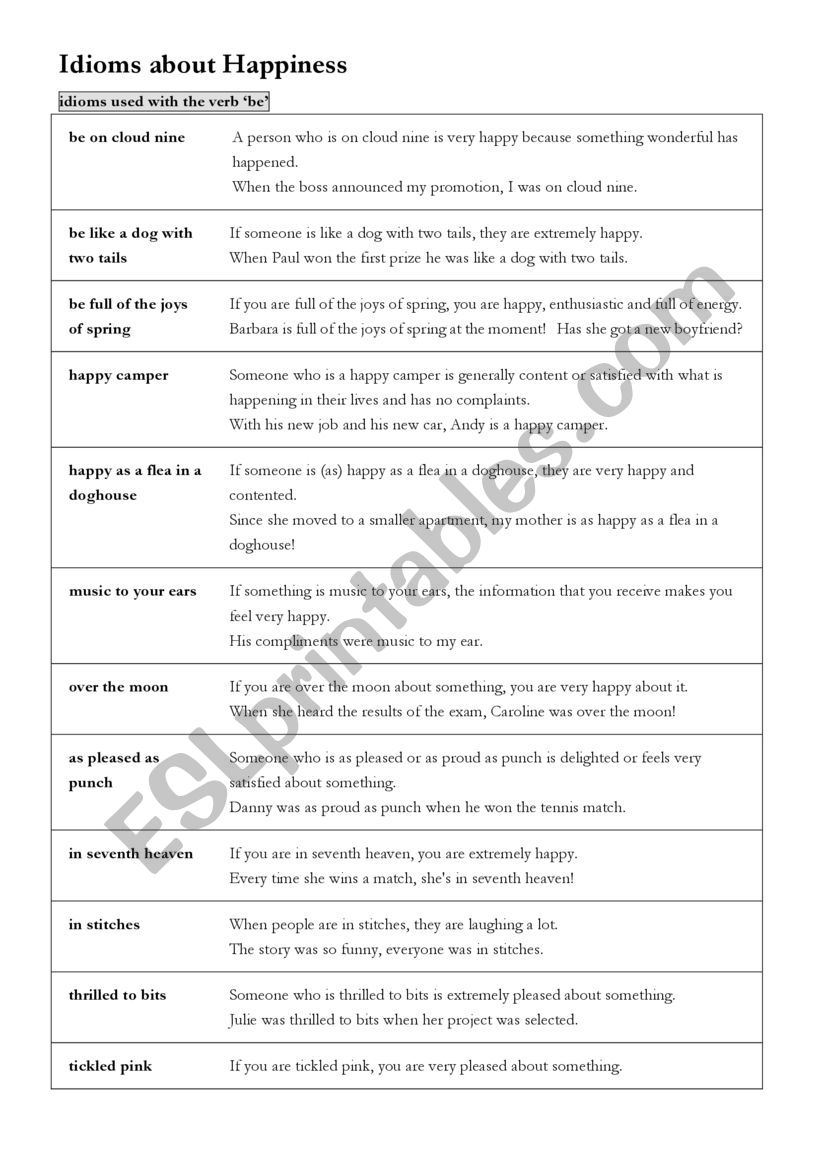 Idioms about happiness worksheet