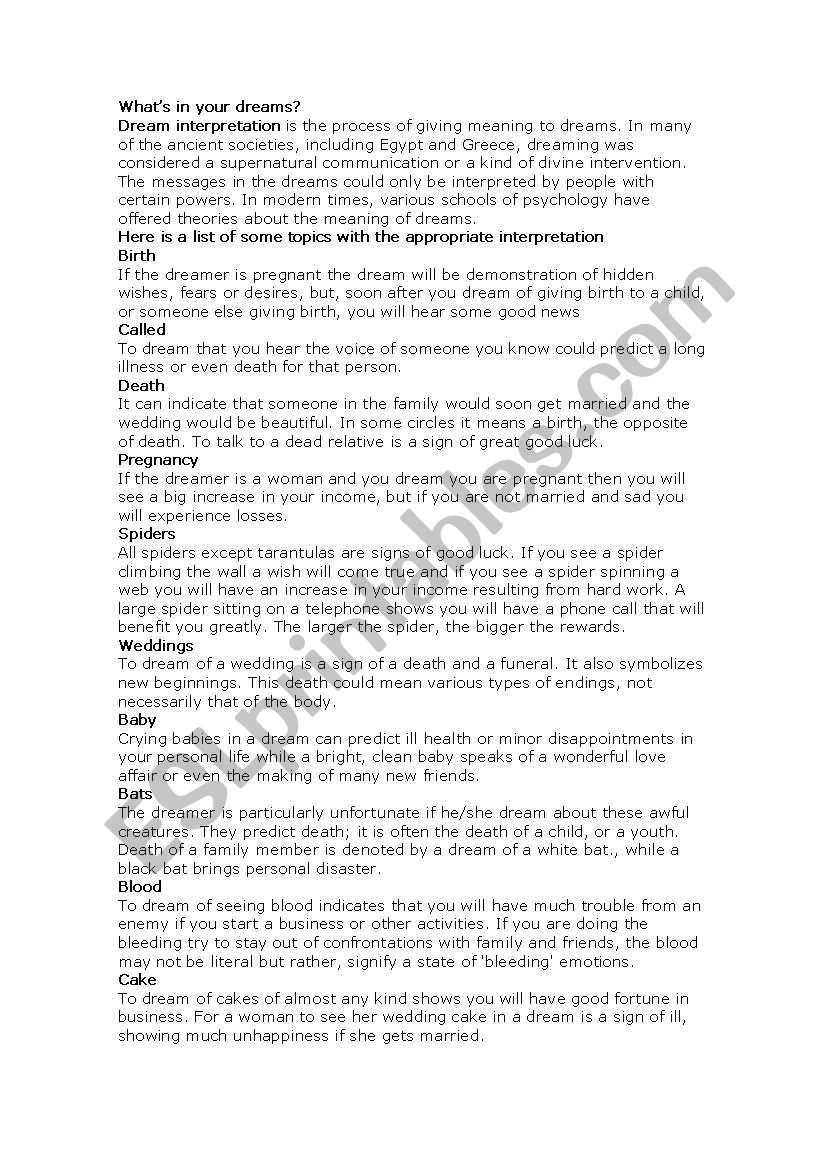 Dreams interpretation worksheet