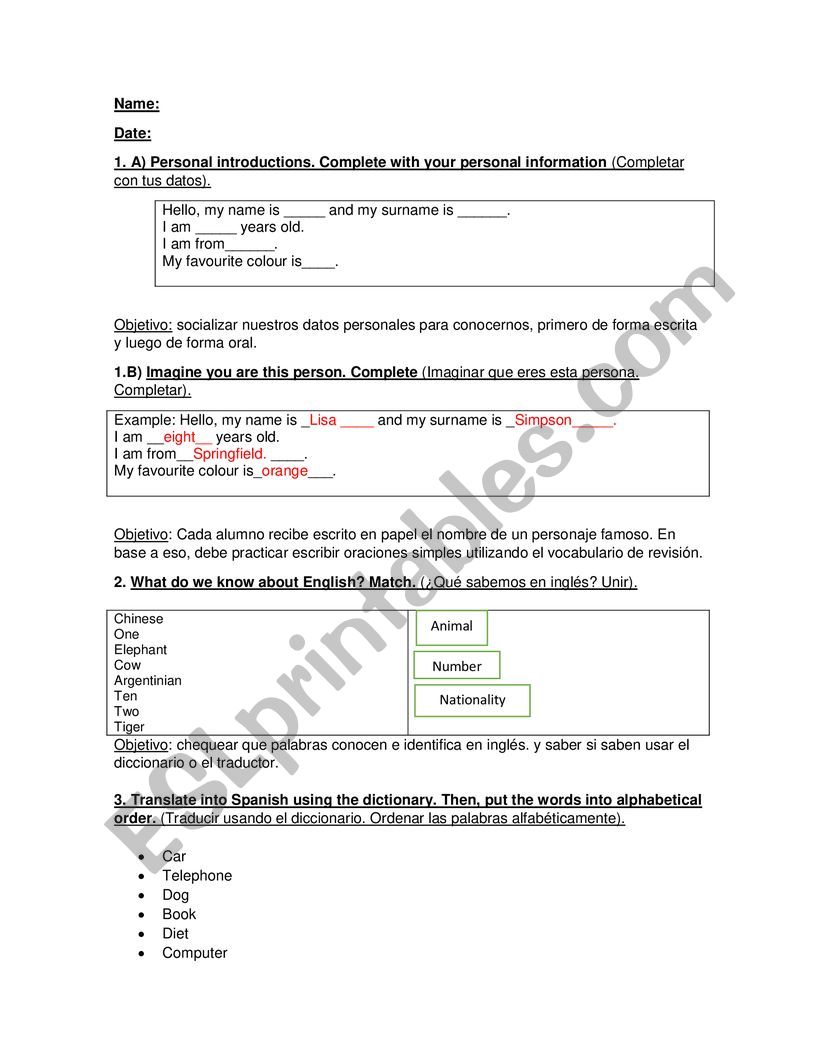 Revision of knowledge  worksheet