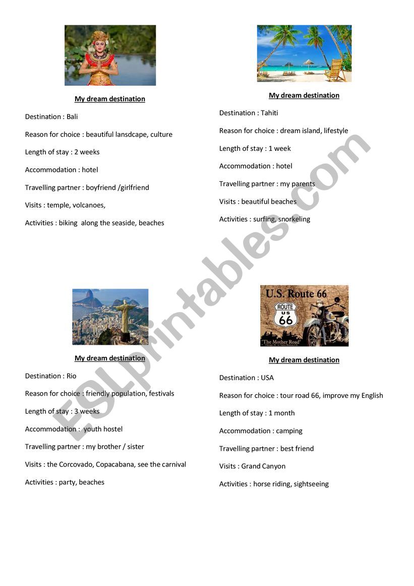 dream destination  worksheet