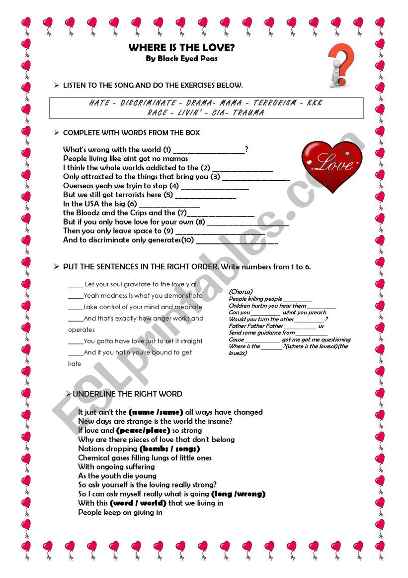 SONG WHERE IS THE LOVE worksheet