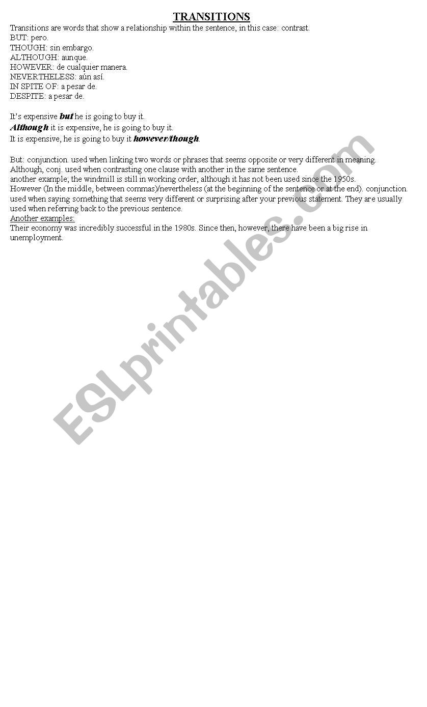 transitions worksheet