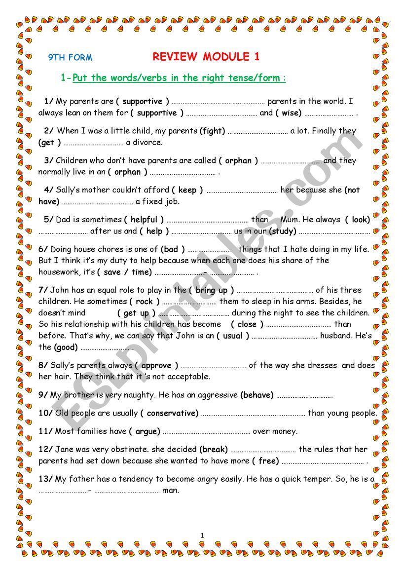 9th form review module 1 worksheet