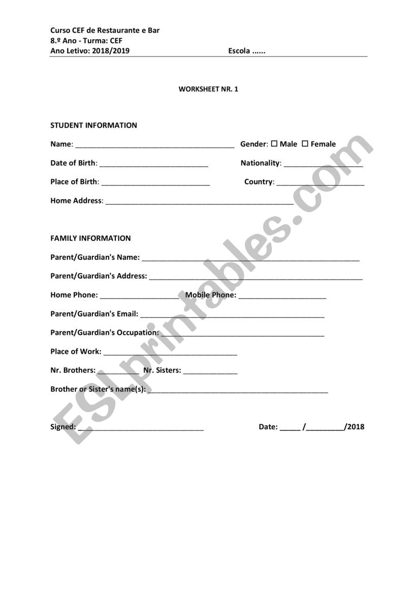 Personal Information worksheet