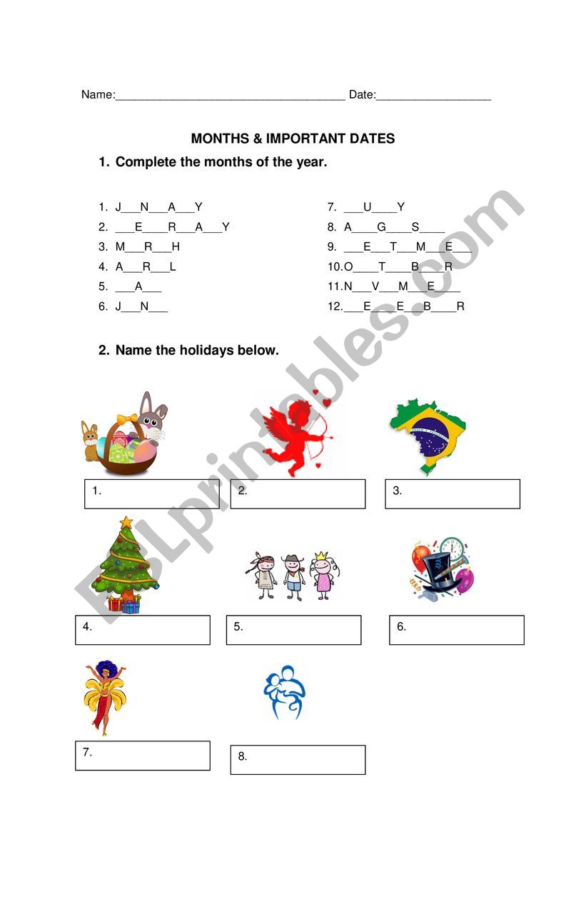 Months and Holidays worksheet