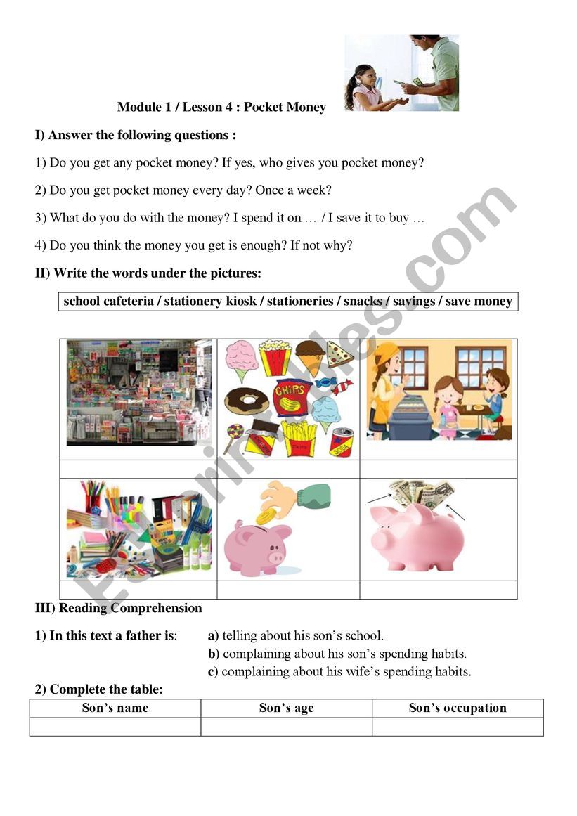 Pocket money worksheet