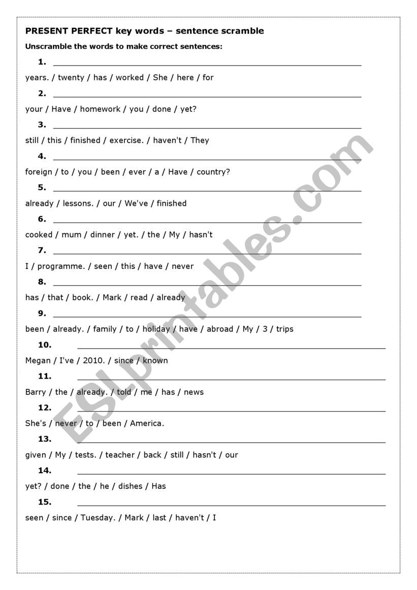 Present Perfect - key words sentence scramble