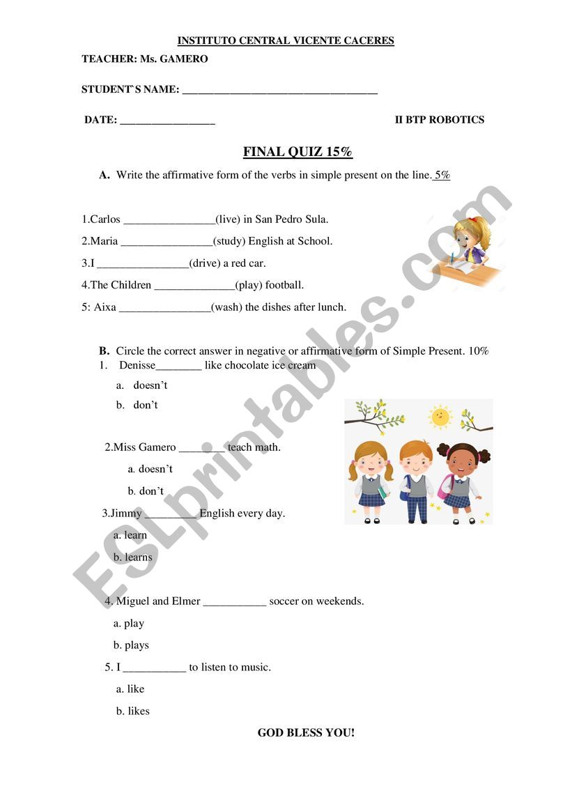 QUIZ SIMPLE PRESENT AFFIRMATIVE AND NEGATIVE 