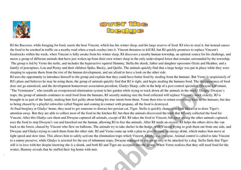 Movie: Over the hedge worksheet