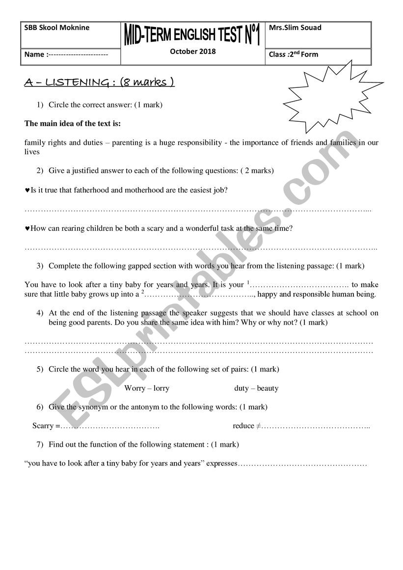 MID TERM 1 TEST 2nd FORM TUNISIAN PROGRAM