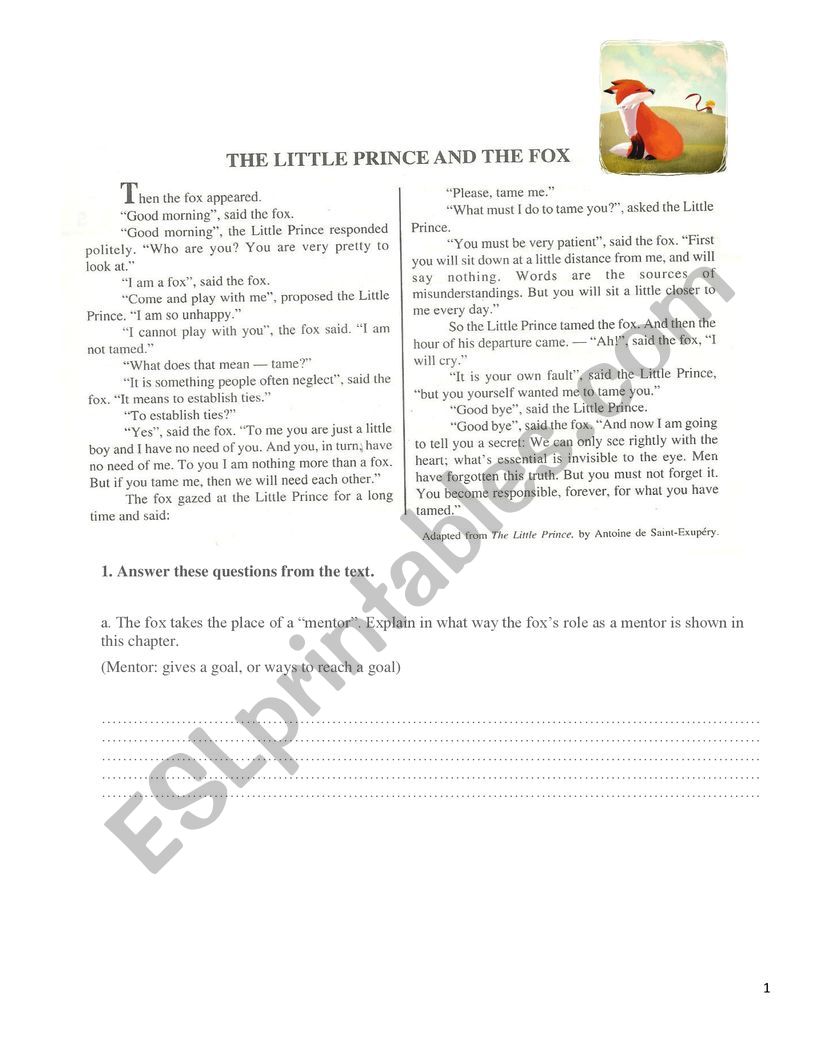 The Little Prince chapter 21 worksheet