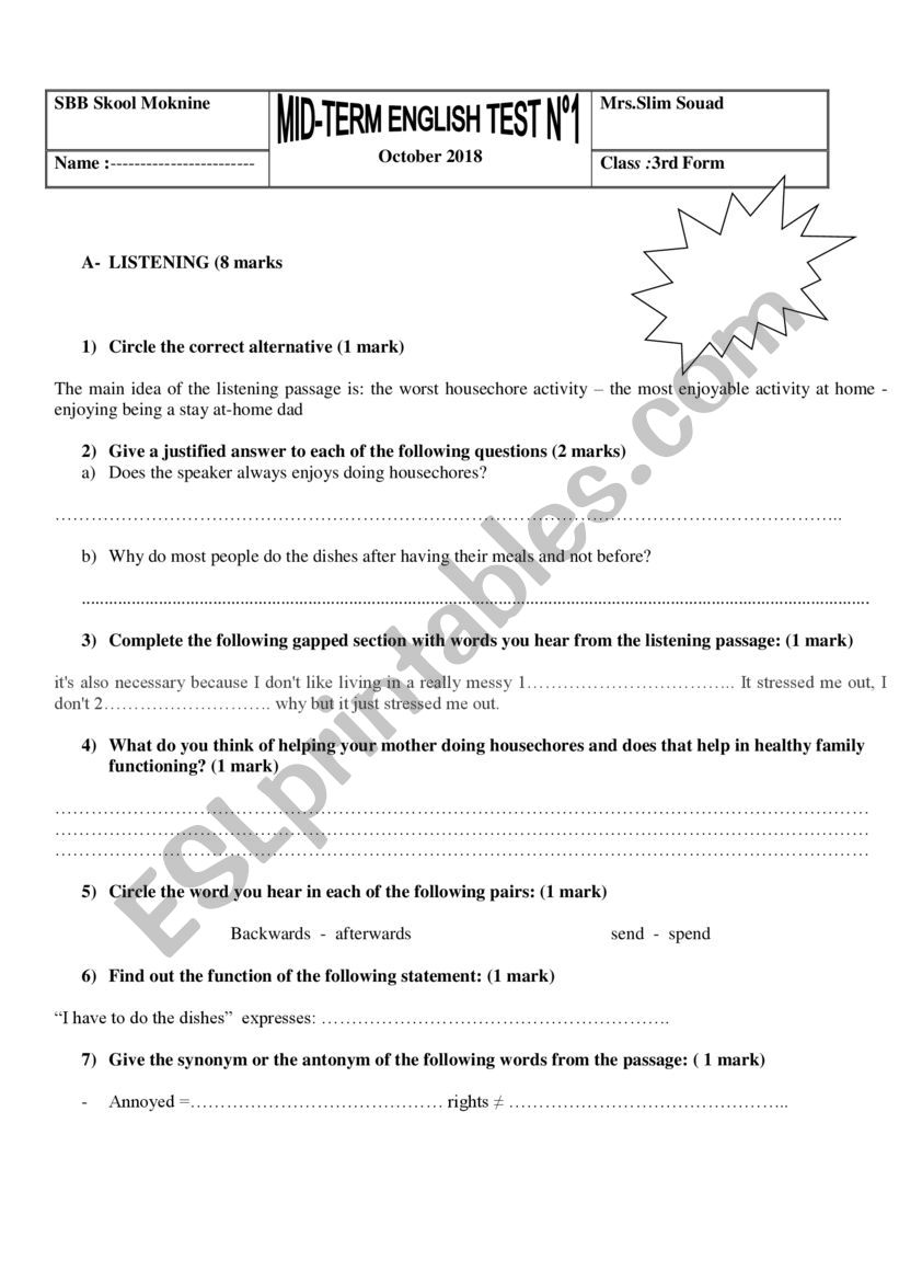 MID TERM 1 TEST 3rd FORM TUNISIAN PROGRAM