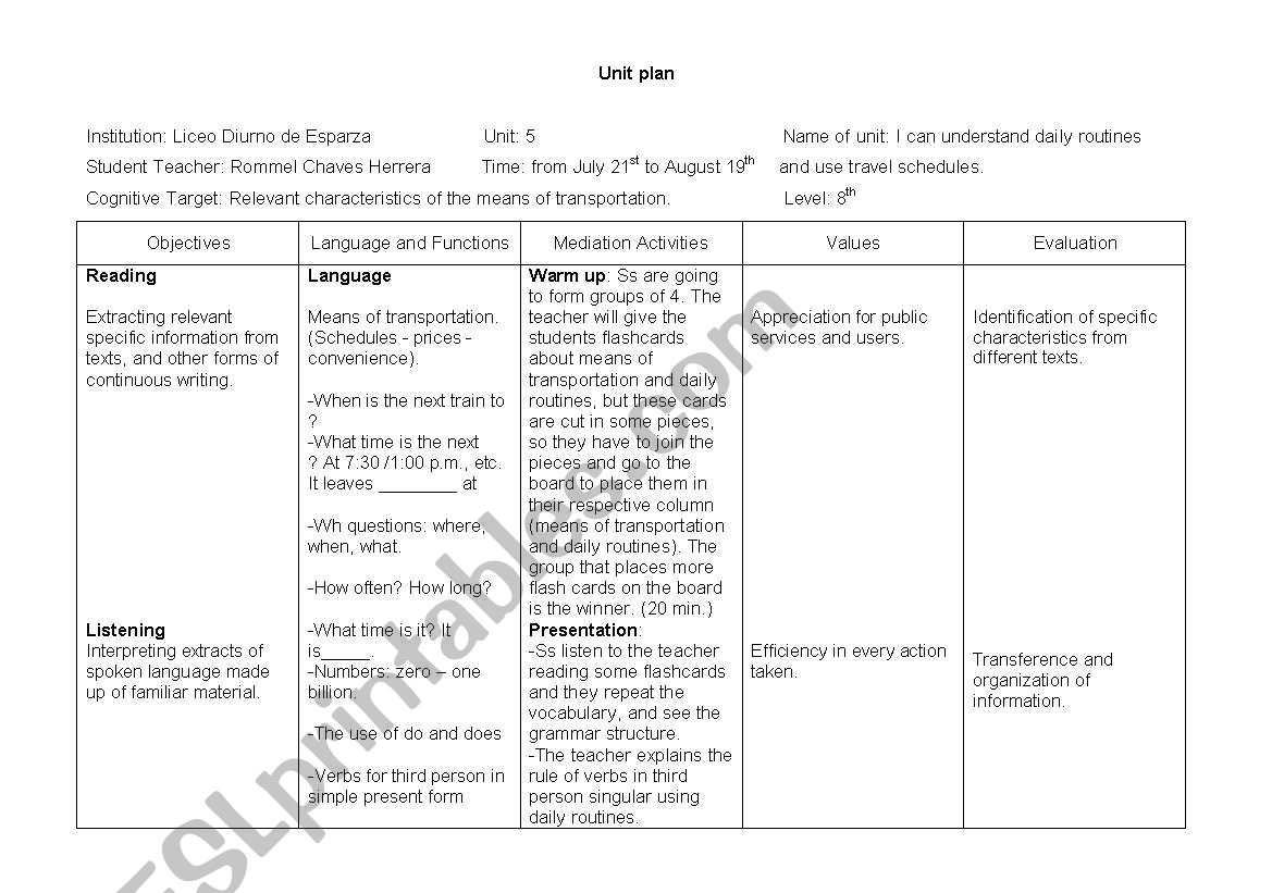 unit plan about means of transportation and daily routines