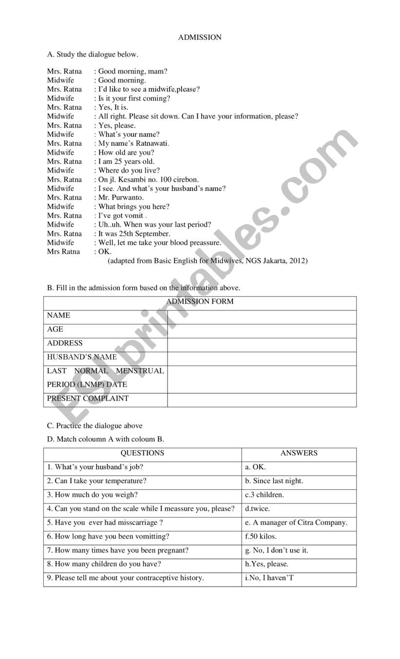 Admission worksheet