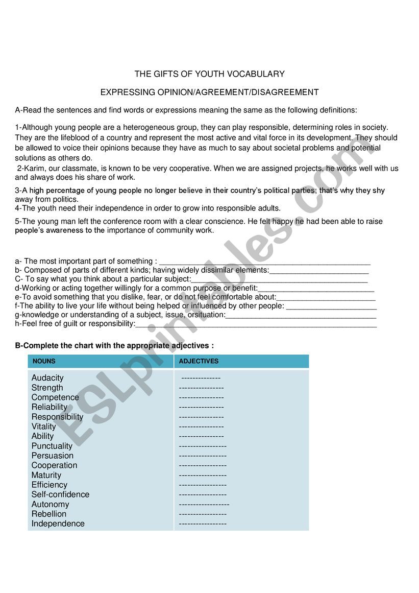 THE GIFTS OF YOUTH VOCABULARY  EXPRESSING OPINION/AGREEMENT/DISAGREEMENT