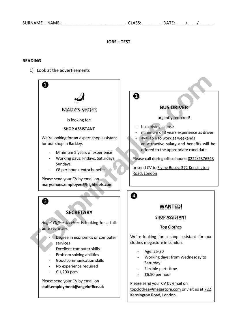 Job advertisements worksheet