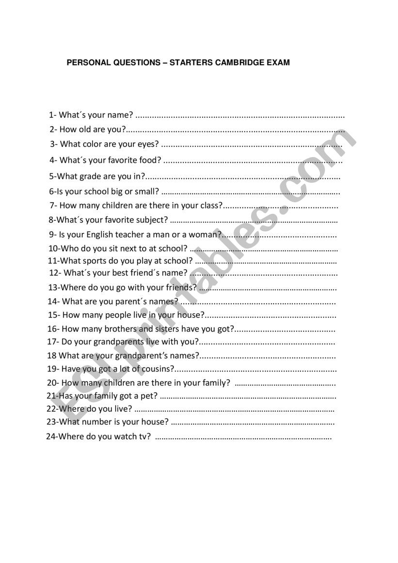 Questions For Starters Speaking Cambridge Exam ESL Worksheet By Delo