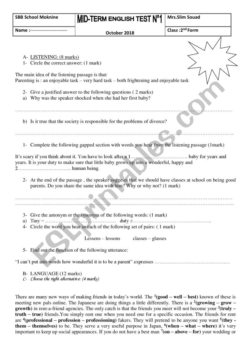 MID TERM 1 TEST 2nd FORM TUNISIAN PROGRAM