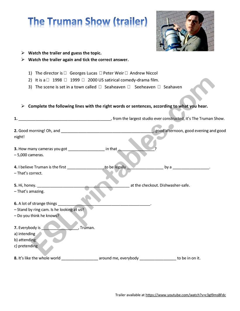 The Truman show trailer  worksheet