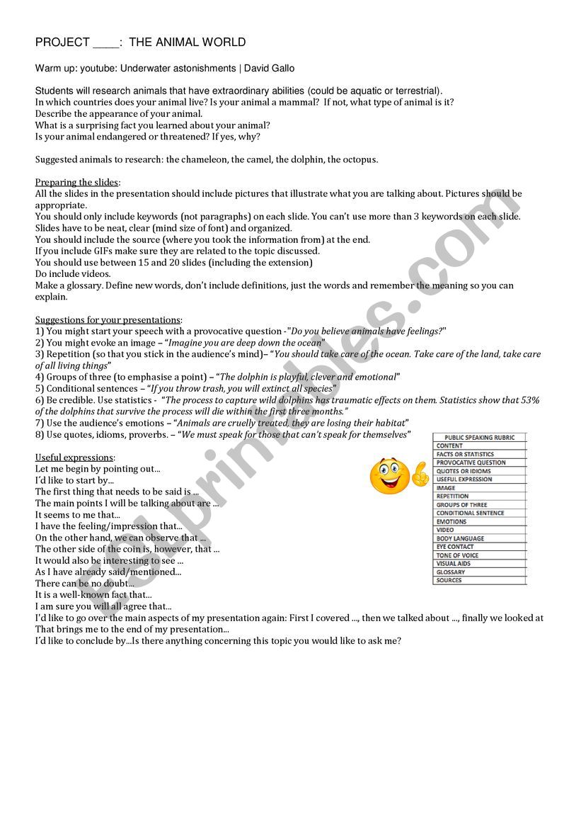 Public Speaking Presentations worksheet