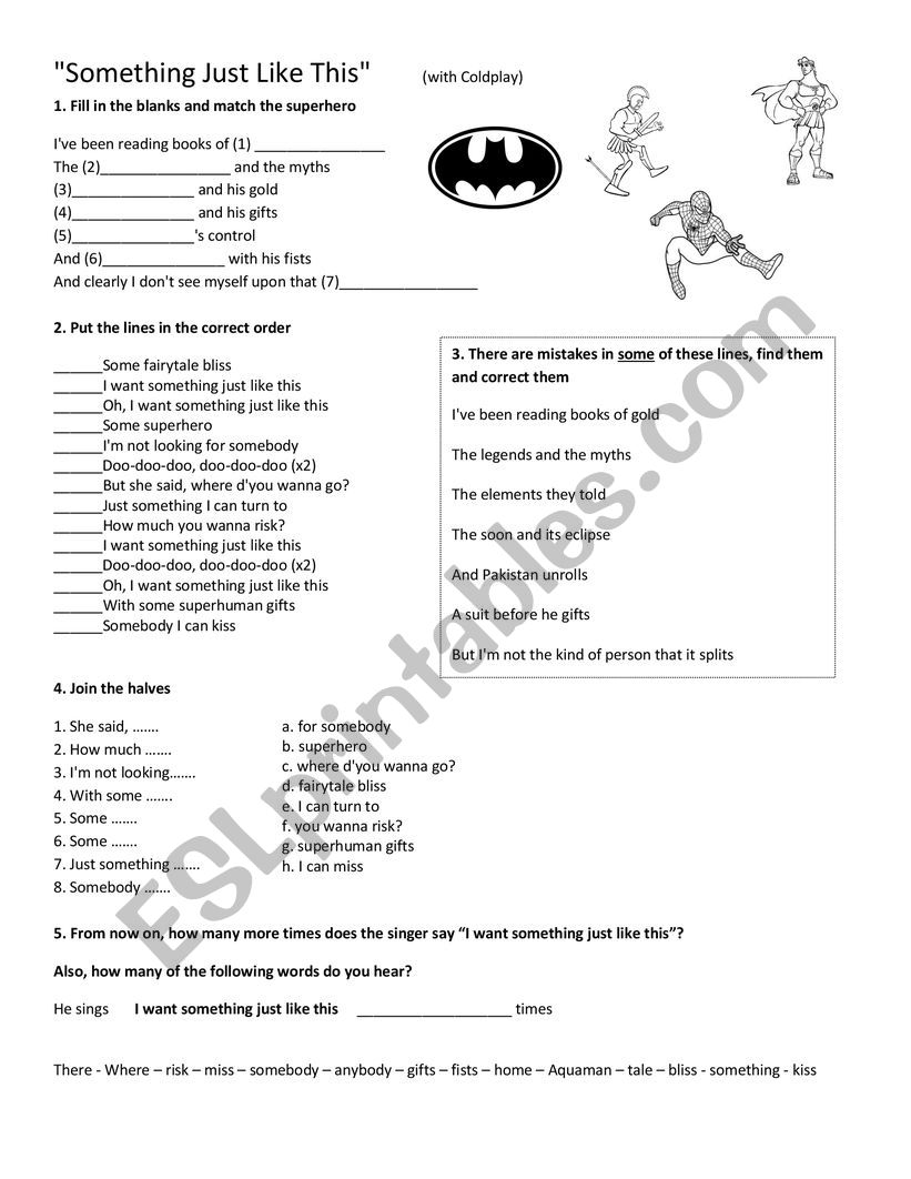 Song with gap-fill : Something just like this By The chainsmokers & Coldplay  - ESL worksheet by laula10