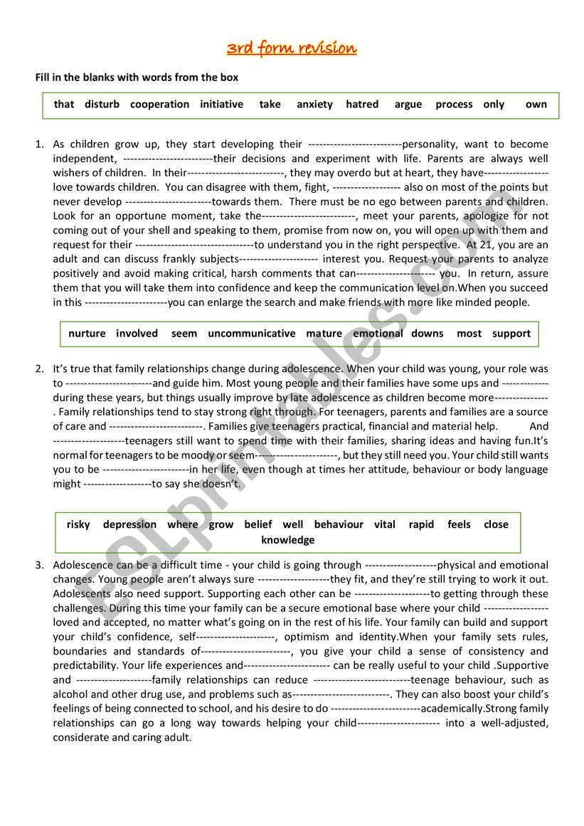 family and adolescents  worksheet