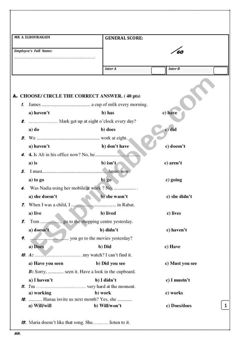 Placement test worksheet