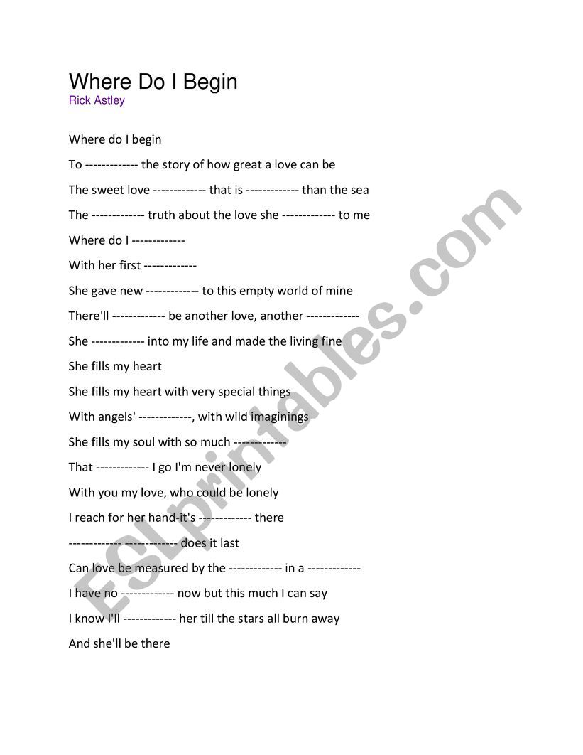 Song worksheet, Where do I begin, 
