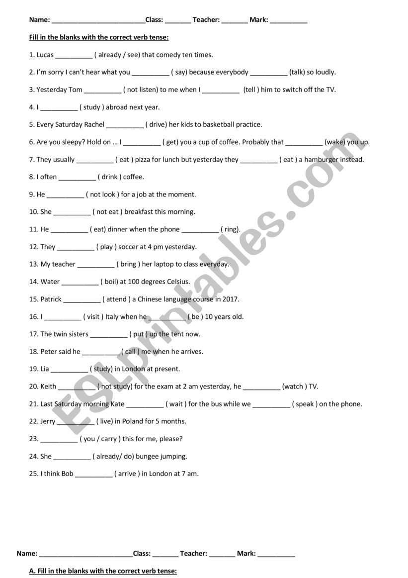 Mixed verb tenses exercises _ 9th Form