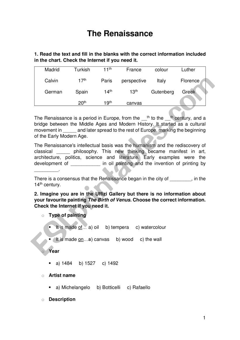 The Renaissance worksheet