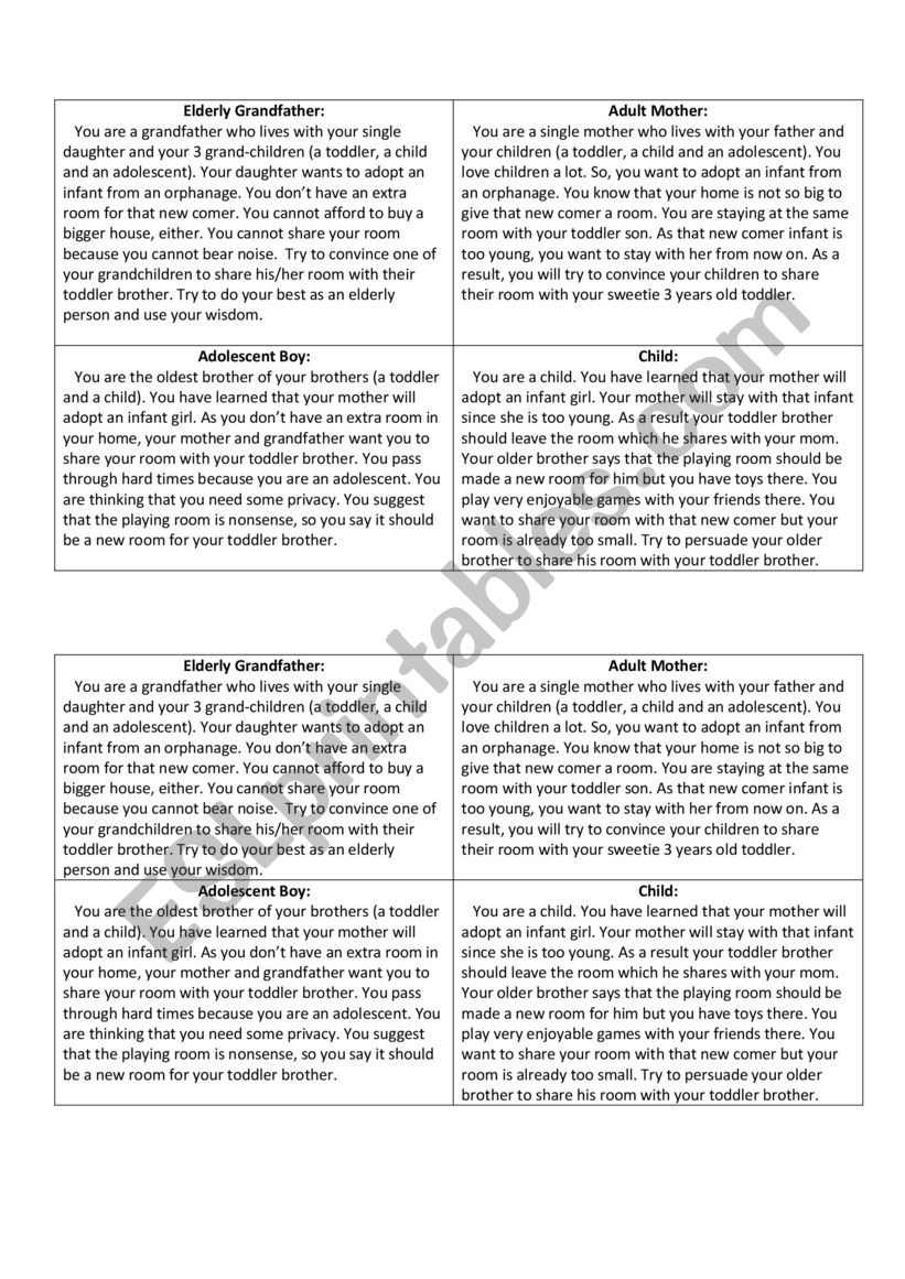 Role Play Activity to convey the meanings of the 6 words Infant- Toddler- Child- Adolescent- Adult-Elderly