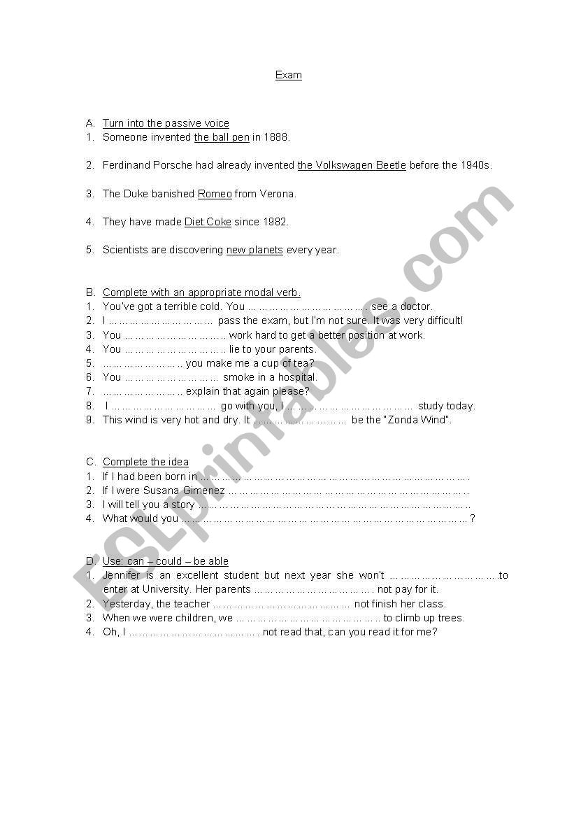 English exam (intermediate) worksheet