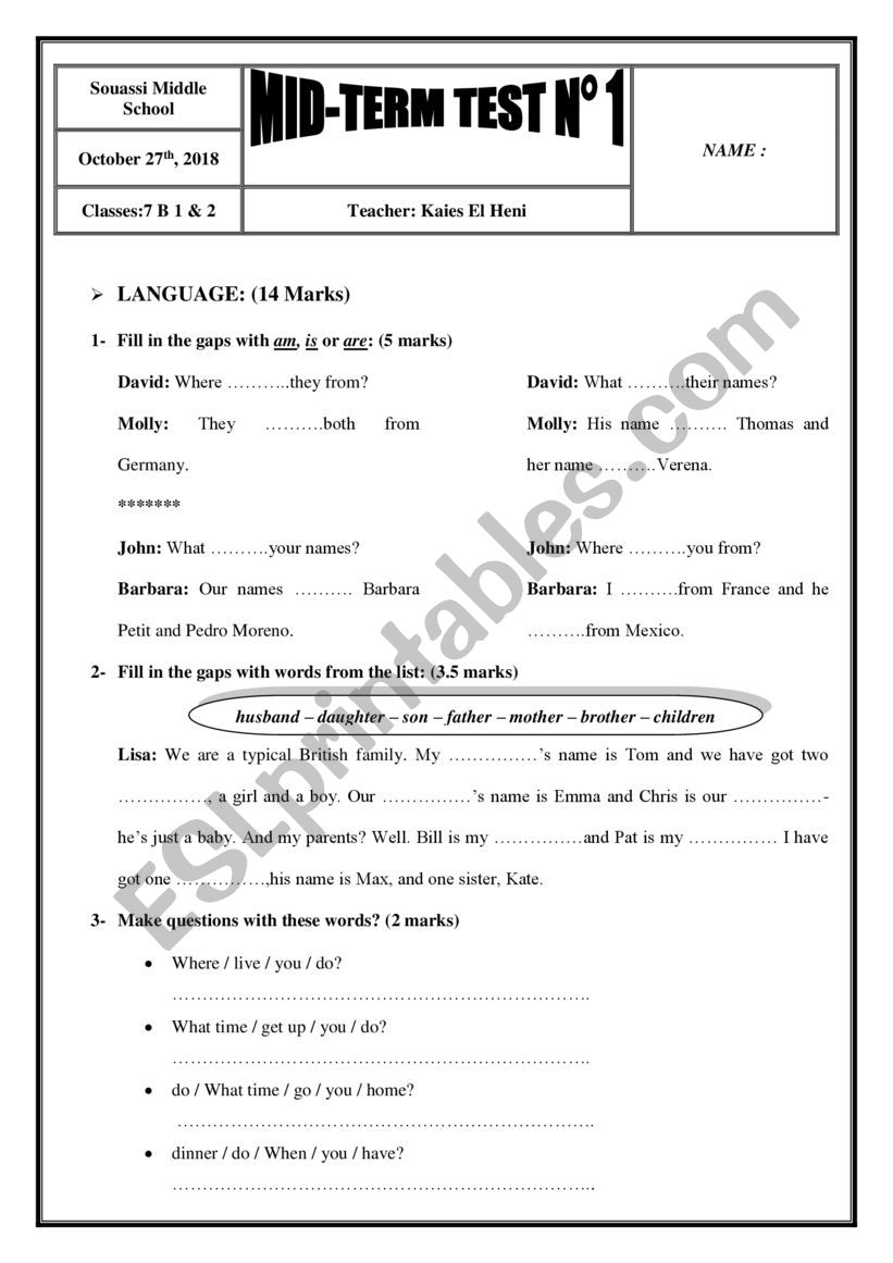 2018 / 2019 7th Form Mid-Term Test 1