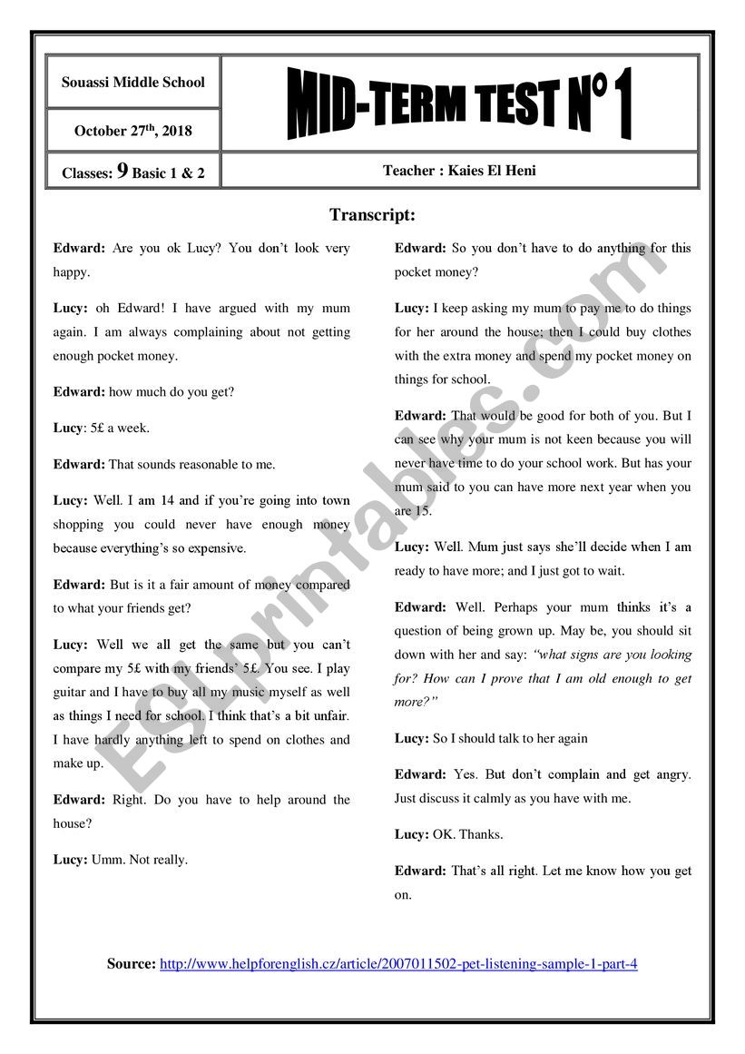 2018 / 2019 9th Form Mid-Term Test 1