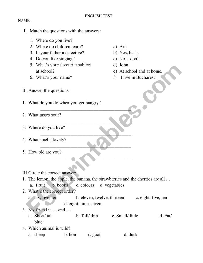 English test worksheet