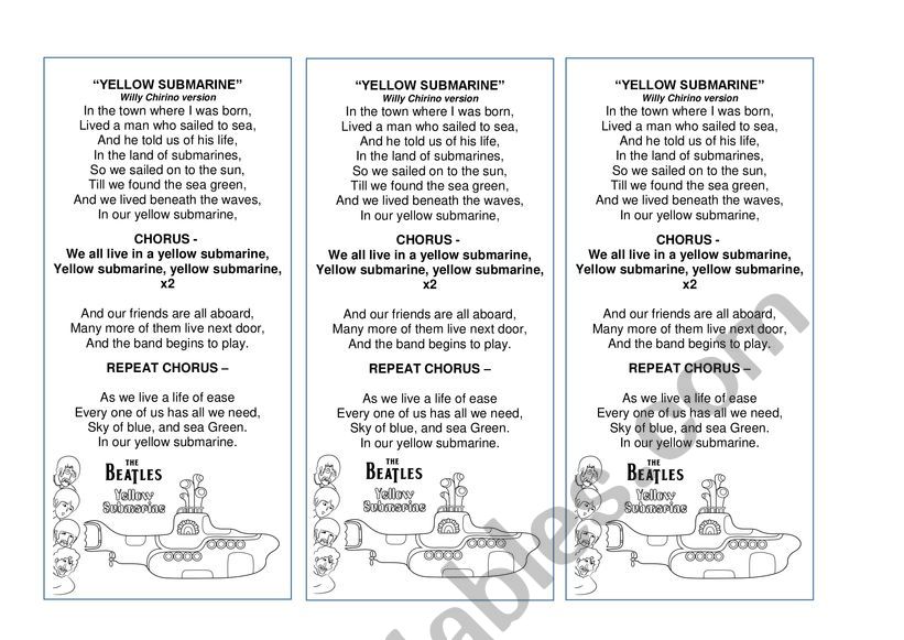 yellow submarine song worksheet