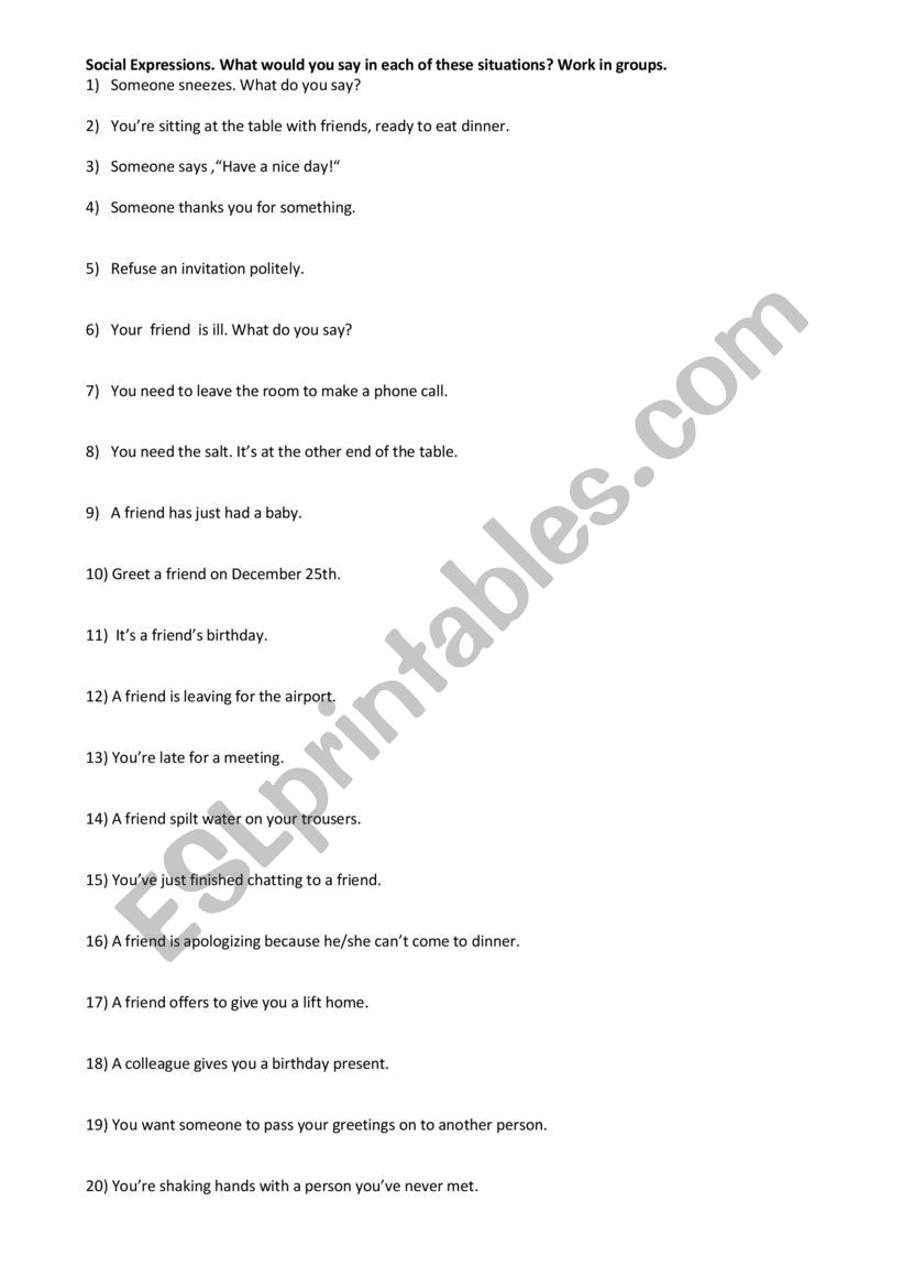 Common social expressions worksheet