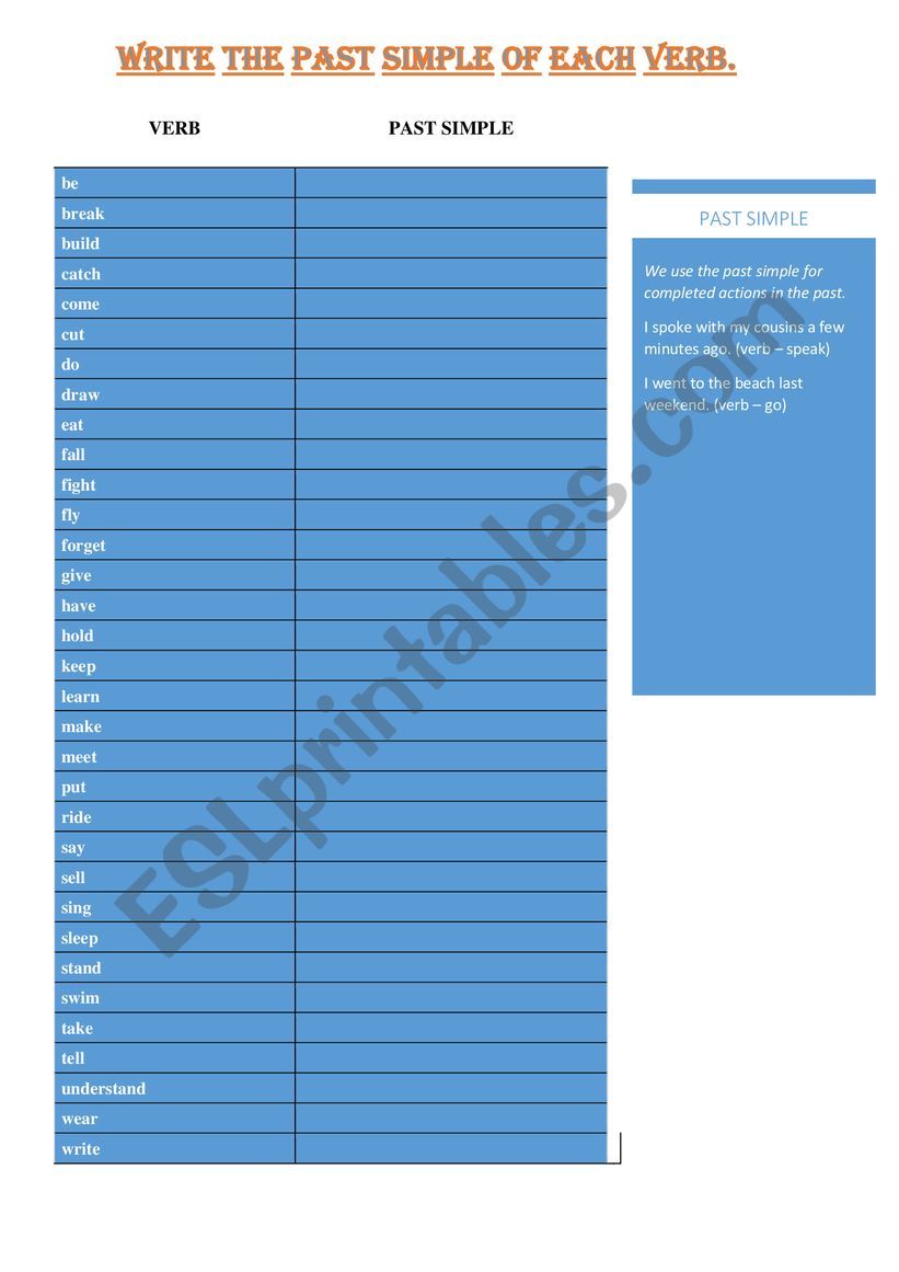 Past Simple fill out list worksheet