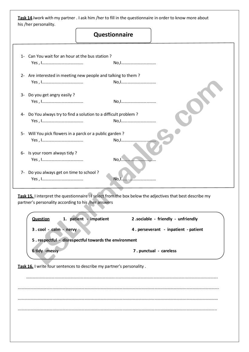 QUESTIONNAIRE worksheet