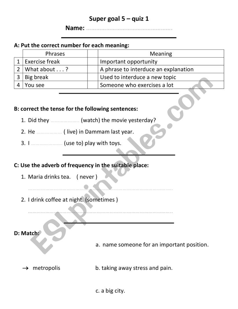 super goal5 quiz (unit 1 - 2) worksheet