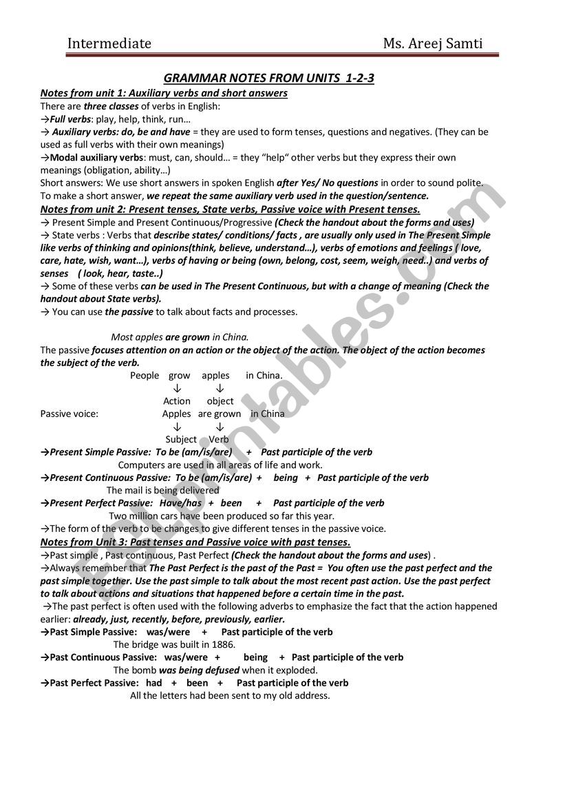 Grammar notes from unit 1,2 and 3 Headway