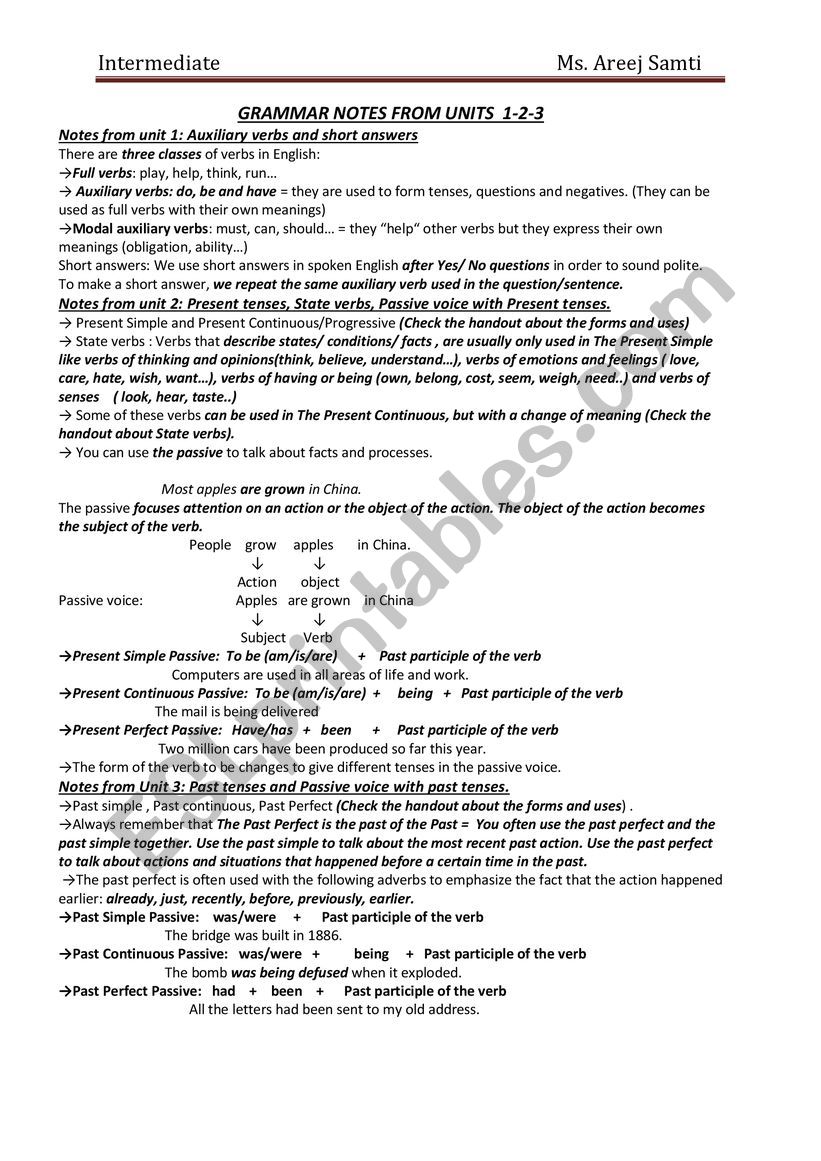 Grammar notes from unit 1,2 and 3 Headway