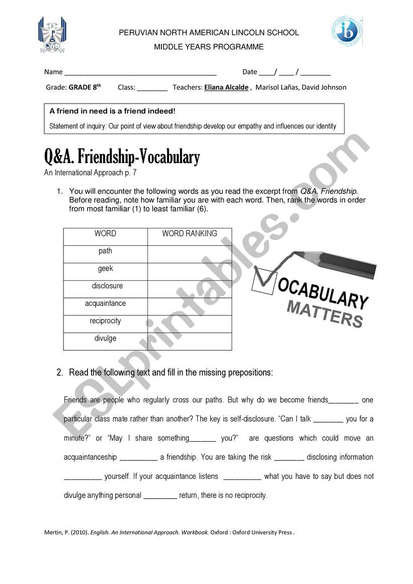 Friendship Vocabulary worksheet