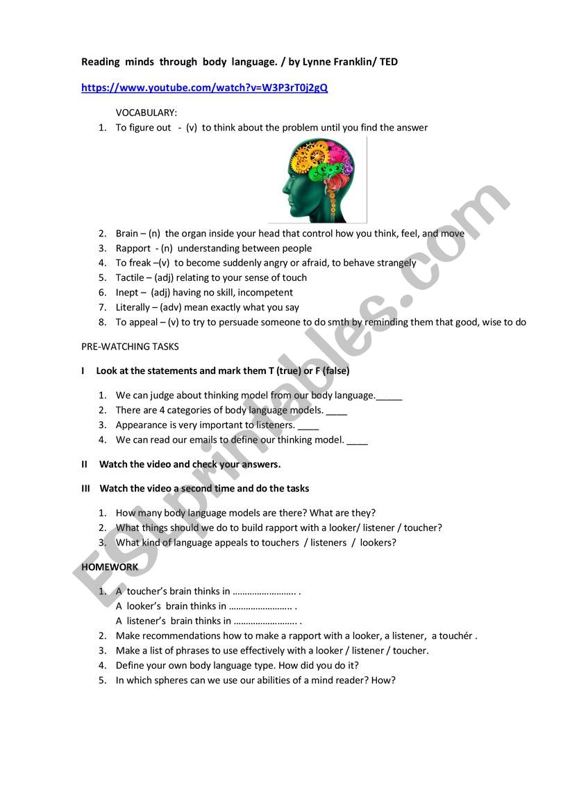 TED video worksheet: Reading minds through body language/ by Lynne Franklin