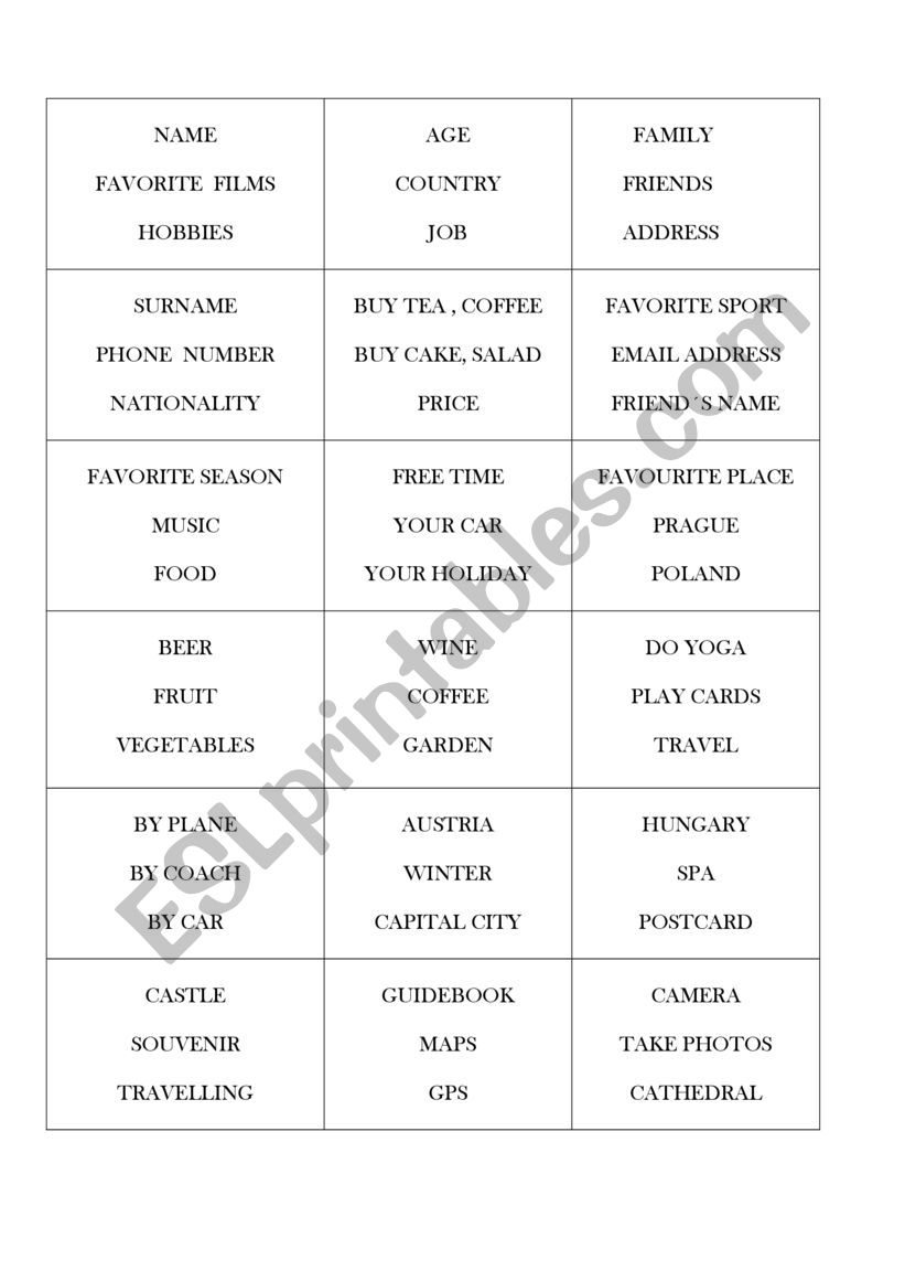 Topics for speaking worksheet