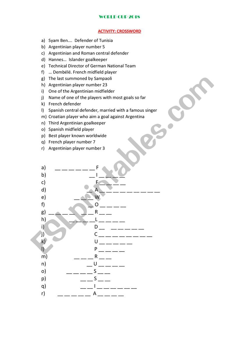 CROSSWORD WORLD CUP 2018 worksheet