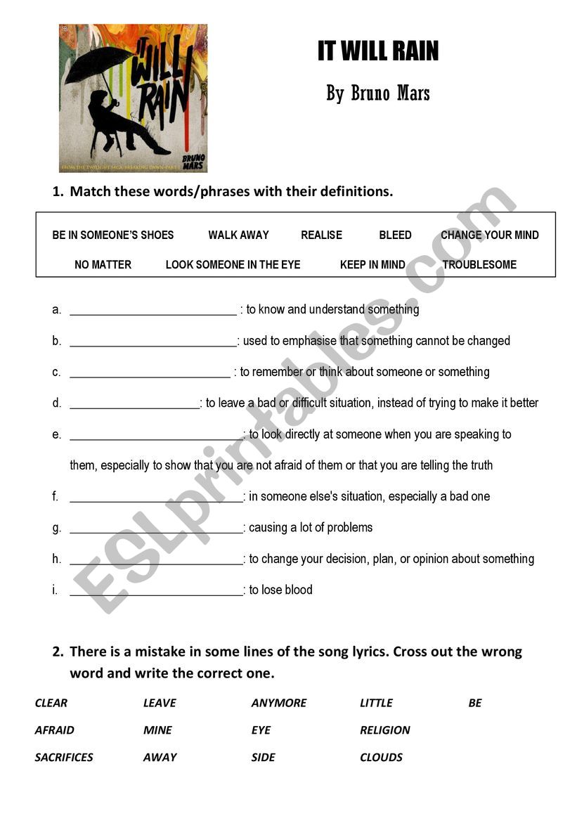 It Will Rain Bruno Mars worksheet