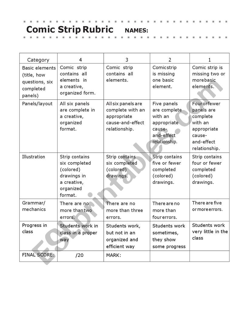 Comic Strip Rubric worksheet